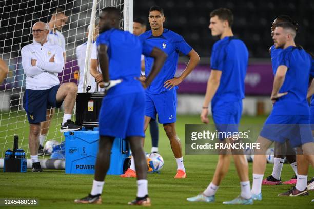 France's defender Raphael Varane takes part in a training session at Al Sadd SC Stadium in Doha, on December 9 on the eve of the Qatar 2022 World Cup...