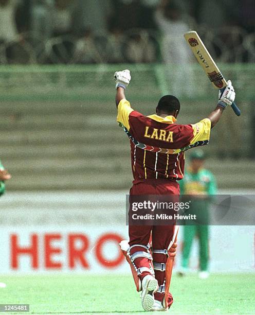 "Hero" Brian Lara of the West Indies celebrates his century against South Africa during the West Indies v South Africa World Cup quarter-final at the...