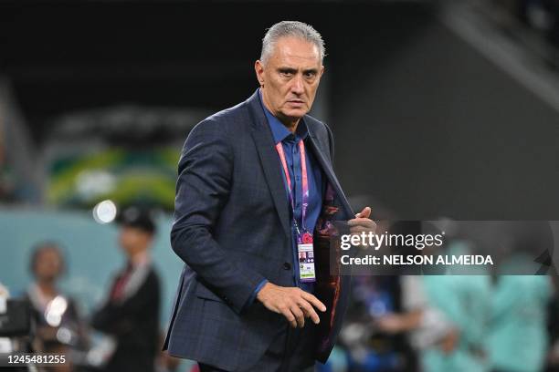 Brazil's coach Tite watches his players from the touchline during the Qatar 2022 World Cup quarter-final football match between Croatia and Brazil at...