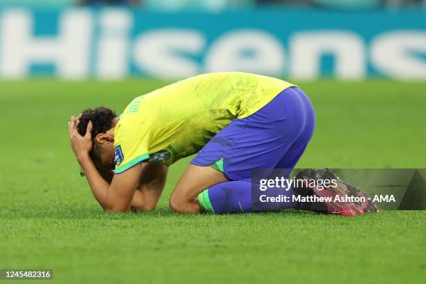 Marquinhos of Brazil reacts after missing his penalty and Brazil being eliminated during the FIFA World Cup Qatar 2022 quarter final match between...