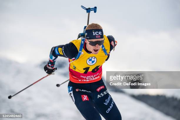 Johannes Thingnes Boe of Norway in action competes during the Men 10 km Sprint at the BMW IBU World Cup Biathlon Hochfilzen on December 9, 2022 in...
