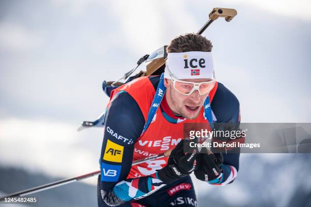 Sturla Holm Laegreid of Norway in action competes during the Men 10 km Sprint at the BMW IBU World Cup Biathlon Hochfilzen on December 9, 2022 in...