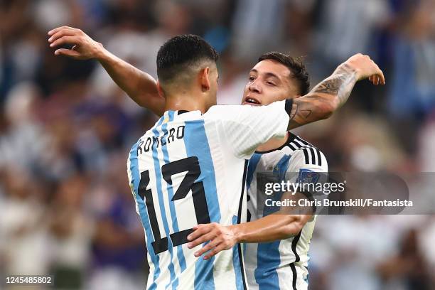 Nahuel Molina of Argentina celebrates scoring the first goal with team-mate Cristian Romero during the FIFA World Cup Qatar 2022 quarter final match...