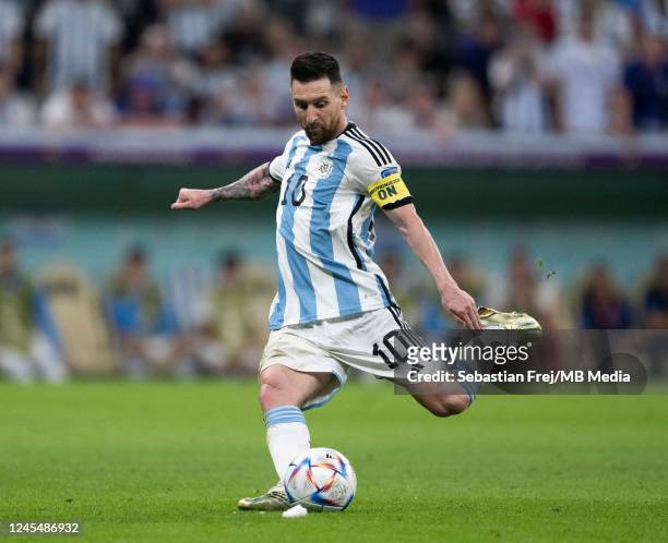 Lionel Messi of Argentina has a shot at goal from the free kick during the FIFA World Cup Qatar 2022 quarter final match between Netherlands and...