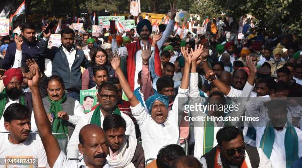 Farmers at a day-long protest over demand of the long-pending issues of farmers including making minimum support price a legal right, All India Kisan...