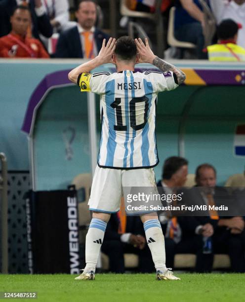 Lionel Messi of Argentina celebrates after scoring his teams second goal during the FIFA World Cup Qatar 2022 quarter final match between Netherlands...