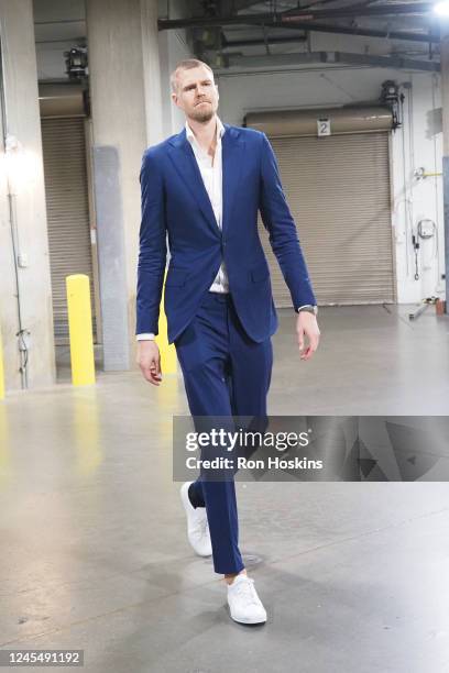 Kristaps Porzingis of the Washington Wizards arrives to the arena before the game against the Indiana Pacers on December 9, 2022 at Gainbridge...