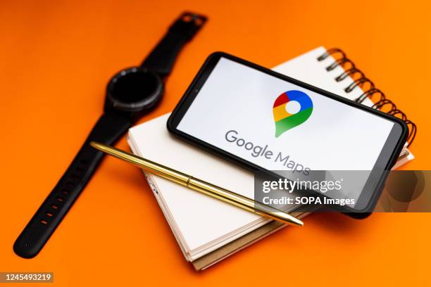 In this photo illustration a Google Maps logo seen displayed on a smartphone.