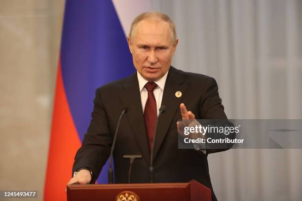 Russian President Vladimir Putin gestures during his press conference at the Eurasian Economic Summit on November 9, 2022 in Bishkek, Kyrgyzstan....