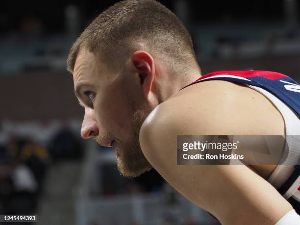 Kristaps Porzingis of the Washington Wizards looks on during the game against the Indiana Pacers on December 9, 2022 at Gainbridge Fieldhouse in...