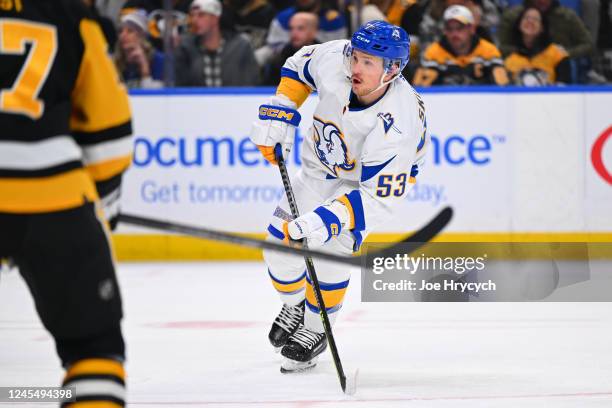 Jeff Skinner of the Buffalo Sabres shoots the puck against the Pittsburgh Penguins during an NHL game on December 9, 2022 at KeyBank Center in...
