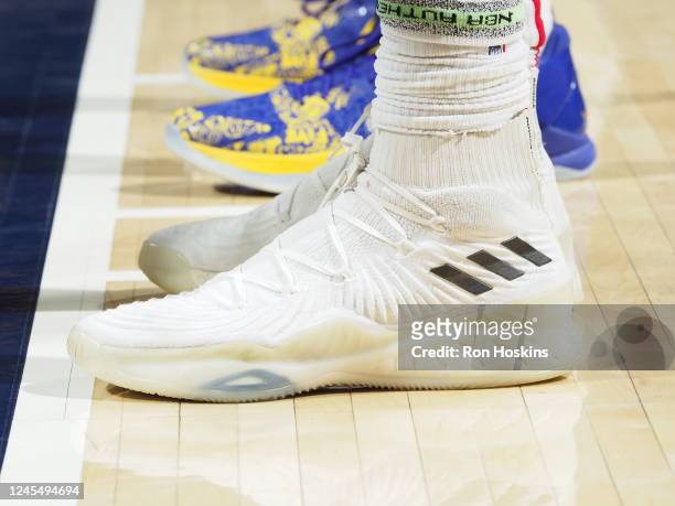 The sneakers worn by Kristaps Porzingis of the Washington Wizards during the game against the Indiana Pacers on December 9, 2022 at Gainbridge...