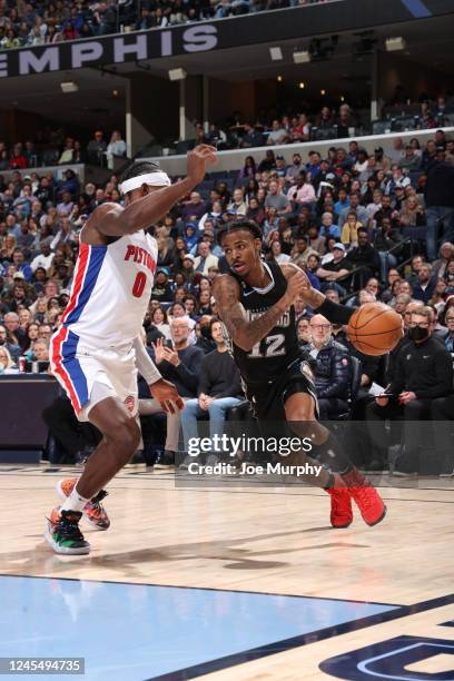 Ja Morant of the Memphis Grizzlies drives to the basket during the game against the Detroit Pistons on December 9, 2022 at FedExForum in Memphis,...