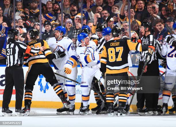 Jeff Skinner of the Buffalo Sabres receives a match penalty from referee TJ Luxmore during an NHL game against the Pittsburgh Penguins on December 9,...