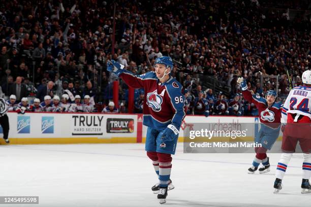 Mikko Rantanen of the Colorado Avalanche celebrates a goal against the New York Rangers at Ball Arena on December 9, 2022 in Denver, Colorado.