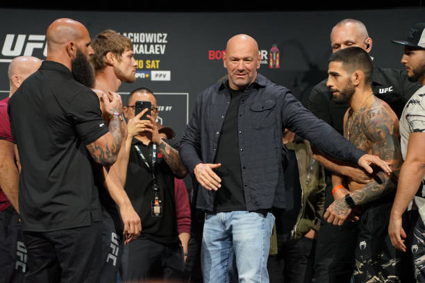 Bryce Mitchell vs. Ilia Topuria face off for their UFC 282 bout during the ceremonial weigh-ins on December 9 at the MGM Grand Arena in Las Vegas, NV.