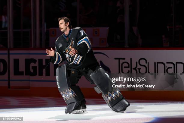 Charlie Lindgren of the Washington Capitals celebrates being named the first star of the game after a game against the Seattle Kraken at Capital One...