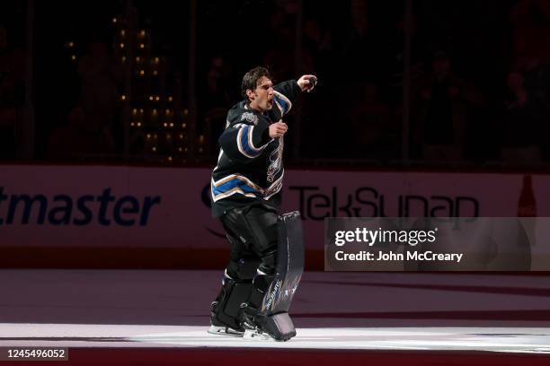 Charlie Lindgren of the Washington Capitals celebrates being named the first star of the game after a game against the Seattle Kraken at Capital One...