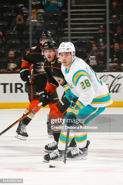 Timo Meier of the San Jose Sharks skates with the puck with pressure from Dmitry Kulikov of the Anaheim Ducks during the first period at Honda Center...