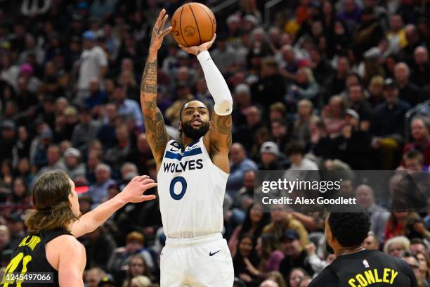 Angelo Russell of the Minnesota Timberwolves shoot over Kelly Olynyk of the Utah Jazz during the second half of a game at Vivint Arena on December...