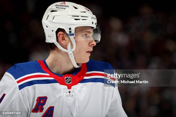 Kaapo Kakko of the New York Rangers looks on during a pause in play against the Colorado Avalanche at Ball Arena on December 9, 2022 in Denver,...
