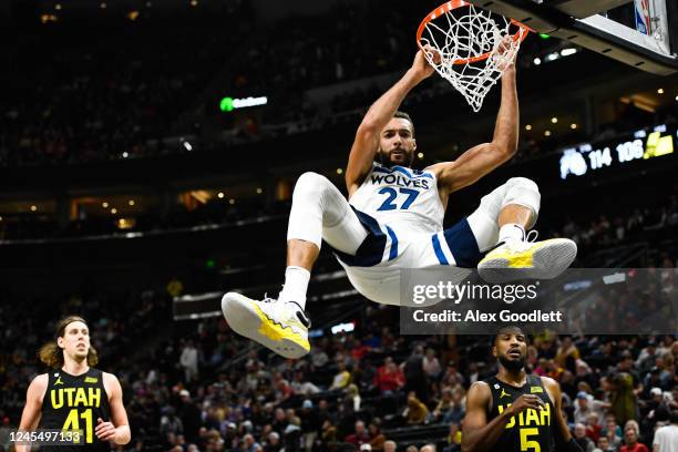 Rudy Gobert of the Minnesota Timberwolves dunks during the second half of a game against the Utah Jazz at Vivint Arena on December 09, 2022 in Salt...