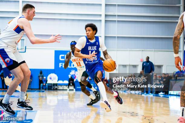 Patrick McCaw of the Delaware Blue Coats drives to the basket against the Westchester Knicks on December 9, 2022 at Chase Fieldhouse in Wilmington,...