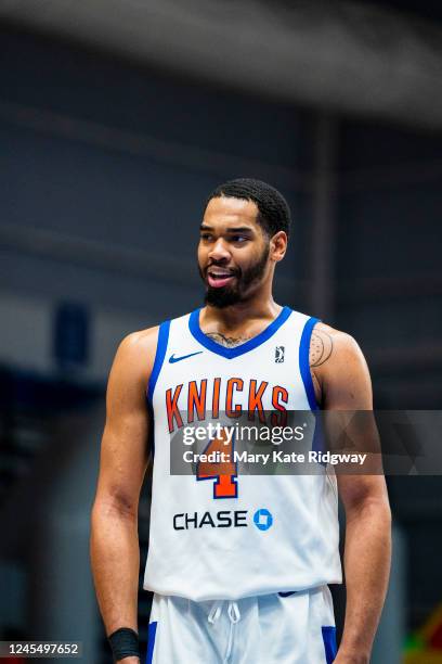 Garrison Brooks of the Westchester Knicks smiles during a game against the Delaware Blue Coats on December 9, 2022 at Chase Fieldhouse in Wilmington,...