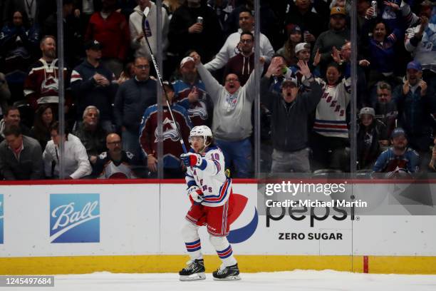 Artemi Panarin of the New York Rangers celebrates the game-winning goal against the Colorado Avalanche at Ball Arena on December 9, 2022 in Denver,...