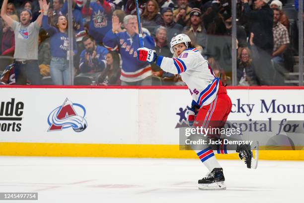 Artemi Panarin of the New York Rangers celebrates the winning overtime shootout goal against Alexander Georgiev of the Colorado Avalanche during the...