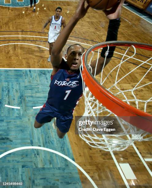 December 9: Jamaree Bouyea of the Sioux Falls Skyforce slams home two points during the game against the Motor City Cruise at the Sanford Pentagon in...