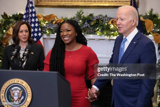 President Joe Biden holds the hand of Cherelle Griner, Brittney Griners wife after speaking on the release of Olympian and WNBA player Brittney...