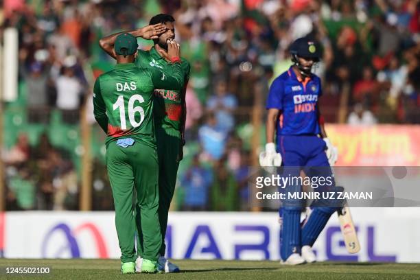 Bangladeshs Ebadat Hossain celebrates after the dismissal of India's KL Rahul during the third and final one-day international cricket match between...