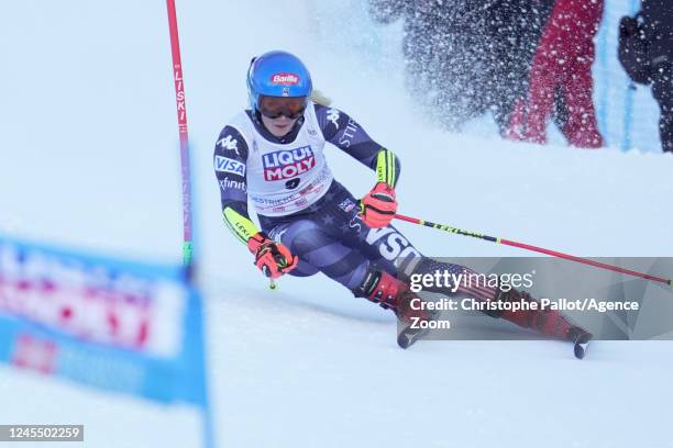 Mikaela Shiffrin of Team United States competes during the Audi FIS Alpine Ski World Cup Women's Giant Slalom on December 10, 2022 in Sestriere,...