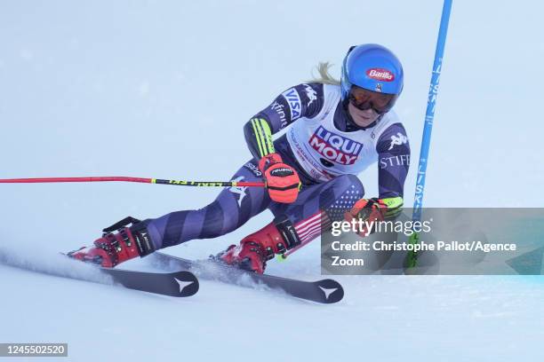 Mikaela Shiffrin of Team United States competes during the Audi FIS Alpine Ski World Cup Women's Giant Slalom on December 10, 2022 in Sestriere,...