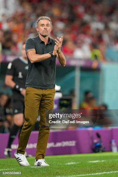 Head coach Luis Enrique of Spain gestures during the FIFA World Cup Qatar 2022 Round of 16 match between Morocco and Spain at Education City Stadium...