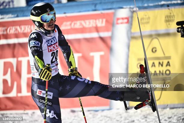 S Paula Moltzan reacts after crossing the finish line of the second run of the Women's Giant Slalom event during the FIS Alpine ski World Cup in...