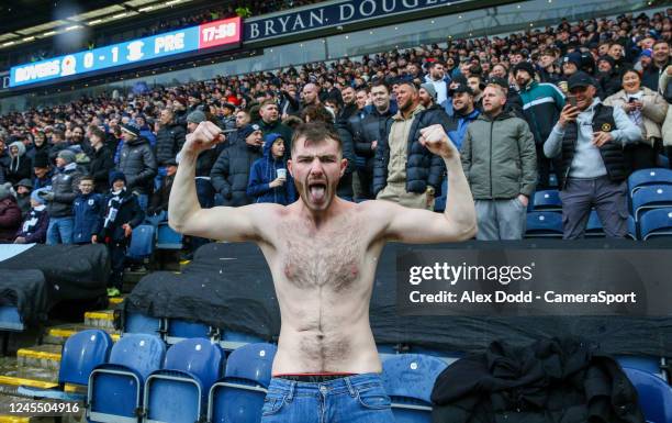 Preston North End fans celebrates their opening goal during the Sky Bet Championship between Blackburn Rovers and Preston North End at Ewood Park on...