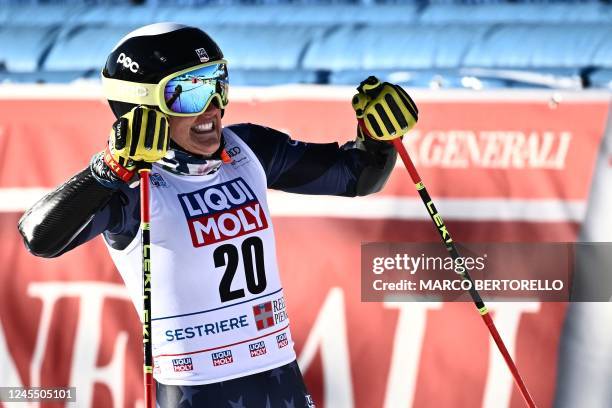 S Paula Moltzan reacts after crossing the finish line of the second run of the Women's Giant Slalom event during the FIS Alpine ski World Cup in...