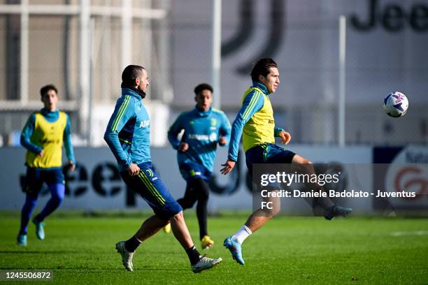 Federico Chiesa of Juventus during a training session at JTC on December 10, 2022 in Turin, Italy.