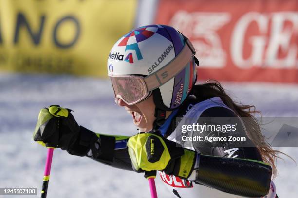 Marta Bassino of Team Italy celebrates during the Audi FIS Alpine Ski World Cup Women's Giant Slalom on December 10, 2022 in Sestriere, Italy.