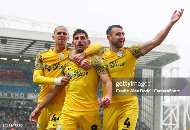 Preston North End's Ched Evans celebrates scoring his side's third goal with Brad Potts and Ben Whiteman during the Sky Bet Championship between...