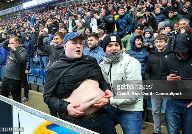 Preston North End fans celebrates their third goal during the Sky Bet Championship between Blackburn Rovers and Preston North End at Ewood Park on...
