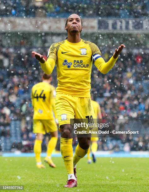 Preston North End's Daniel Johnson celebrates Ched Evans goal during the Sky Bet Championship between Blackburn Rovers and Preston North End at Ewood...