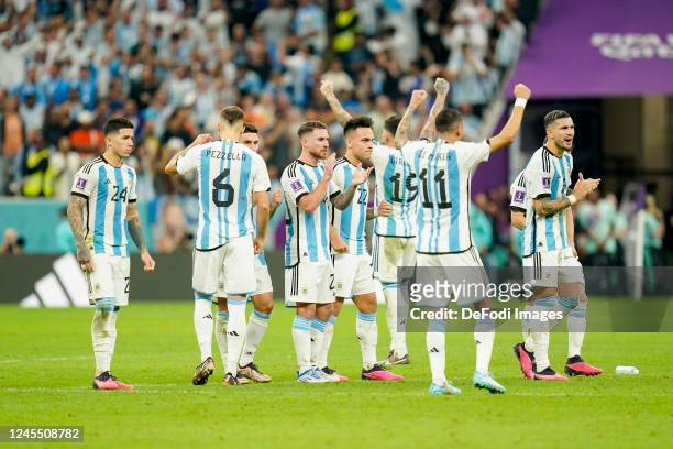 Argentina national team cheers after penalty goal during the FIFA World Cup Qatar 2022 quarter final match between Netherlands and Argentina at...
