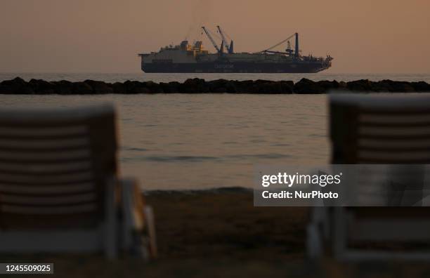 Saipem's pipelay vessel Castorone is seen at sunset off the coast of the Mediterranean port of Limassol. Cyprus, Saturday, December 10, 2022....