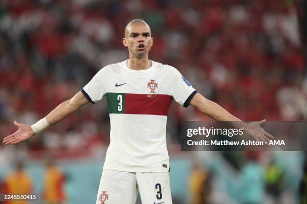 Pepe of Portugal during the FIFA World Cup Qatar 2022 quarter final match between Morocco and Portugal at Al Thumama Stadium on December 10, 2022 in...