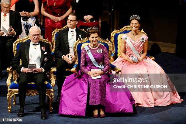 King Carl XVI Gustaf of Sweden , Crown Prince Daniel of Sweden, Queen Silvia of Sweden and Crown Princess Victoria of Sweden attend the Nobel Prize...