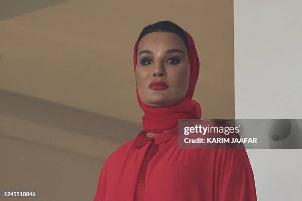 Sheikha Moza bint Nasser Al-Missned attends the Qatar 2022 World Cup quarter-final football match between Morocco and Portugal at the Al-Thumama...