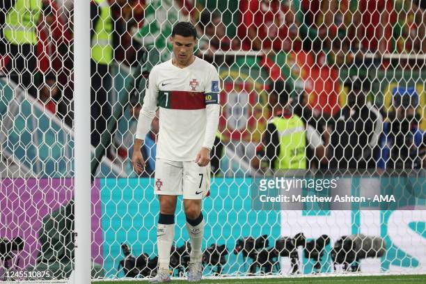 Cristiano Ronaldo of Portugal dejected during the FIFA World Cup Qatar 2022 quarter final match between Morocco and Portugal at Al Thumama Stadium on...